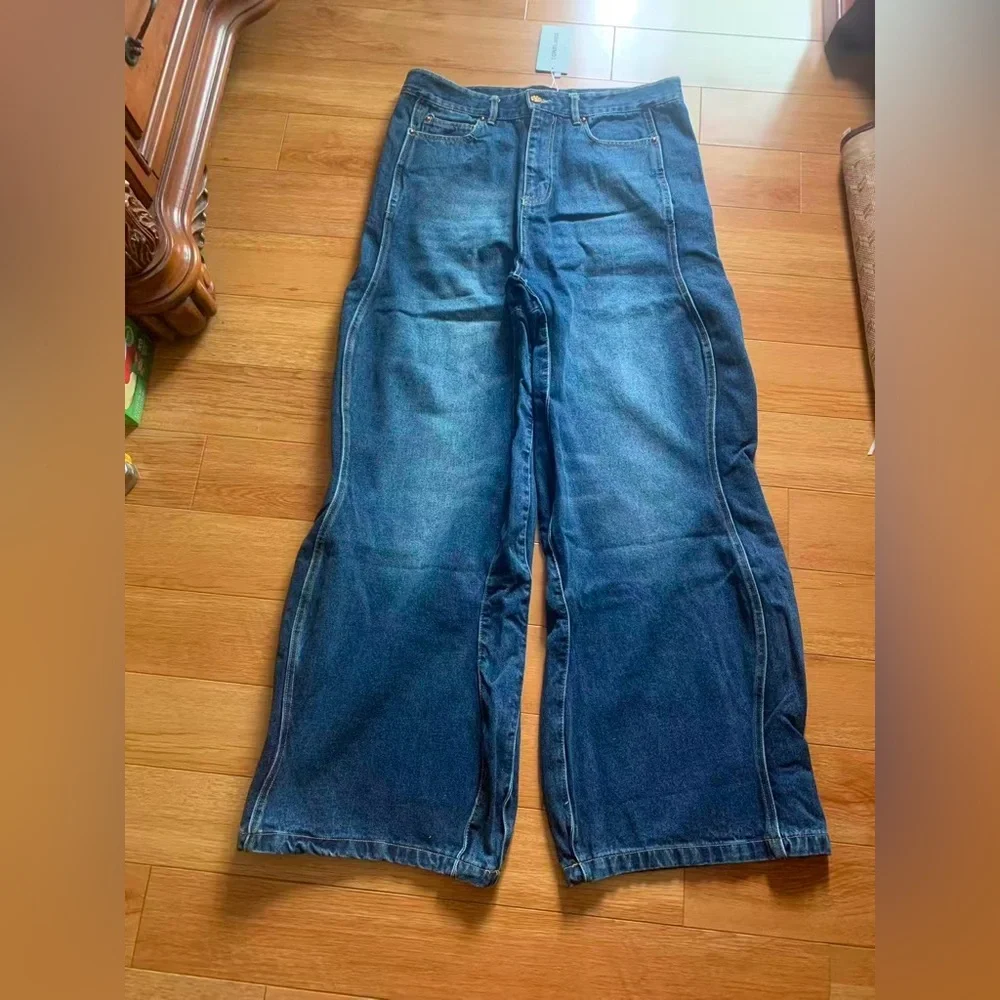 Men Trendy Wide Leg Wave‎ Design Jeans Influencer & Celebrity Inspired High Rise